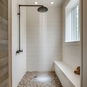 Design a tranquil shower space featuring natural pebble flooring...