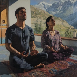 Realism art,A man(muscular beefy sweaty doinga yoga) sitting wit...