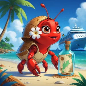 Create a charming cartoon image of a female red hermit crab, coc...