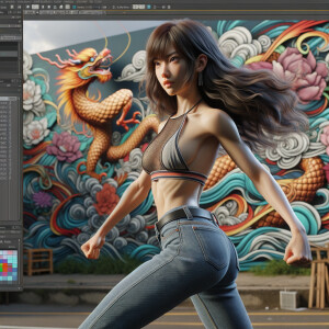 Athletic Thin skinny Attractive, Asian teenage girl, long brown hair and bangs, wearing tight skinny jeans and a halter top paint marks on her clothing, heroic pose Asian graffiti background, backside view