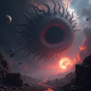 An overwhelming, apocalyptic cosmic horror scene in the void of...