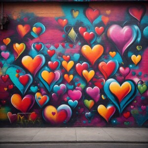 A vibrant urban graffiti mural featuring an assortment of styliz...