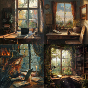 Ноутбук на столе а за окном лето