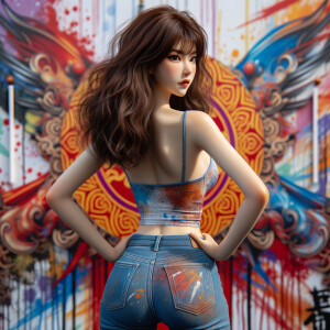 Attractive, Asian teenage girl, long brown hair and bangs, wearing tight skinny jeans and a halter top paint marks on her clothing, backside view heroic pose Asian graffiti