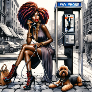 Ink wash: Pay phone booth landscape. An African American mahogan...