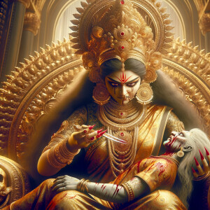 portrait of angry looking goddess durga sitting on a gold crown and carrying a weak mahishasur on her lap and poking him with her amazingly long red fingernails. She is wearing gold armor, a huge gold crown, gold saree, abundant  gold jewelry, covered in blood. The scene is set in ancient India. The image is 8K resolution, cinematic, photography, ultra detailed face and epic.