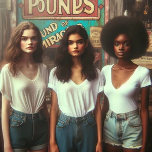 Create a color film photograph from 1973 of three beautiful 19-y...