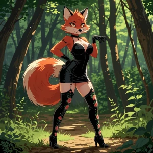 Anime style, an anthropomorphic red fox woman in a form-fitting...