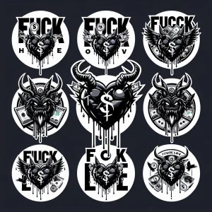 Create 10 
Circular logos for 'FUCK LOVE' with  black, broken an...