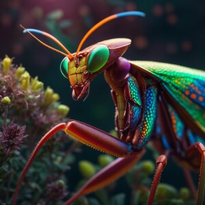 Create a hyper-realistic 3D image of a multicolored praying mant...