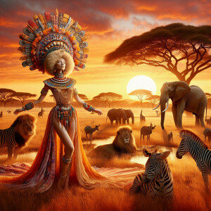 Envision a magnificent African savannah at the golden hour of su...