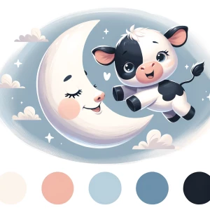 A young holstein black and white cow jumping over the moon. The...