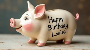 draw a realistic corky pig on a counter and write Happy Birthday...