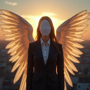 Generate an image depicting a faceless female guardian angel in...