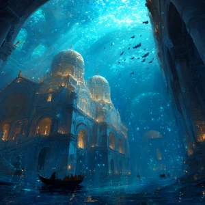 A majestic underwater Venice thriving beneath the sea, vast cana...