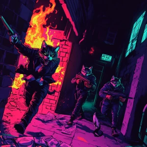 A crime boss cat flipping a table as SWAT-like cats burst throug...