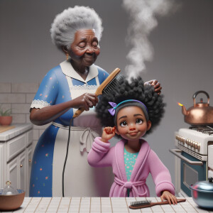 Create a realistic 3-D image of an african-American grandmother wearing a blue house dress and a white apron . She is in the kitchen with her african-American granddaughter. Her granddaughter is wearing a pink bath robe. The grandmother has a hot comb in her hand and she is straightening her granddaughters hair. One side of her granddaughters hair is in  a Afro the other straight 
There is smoke coming from the hot comb
The granddaughter is holding her ear and making a funny face