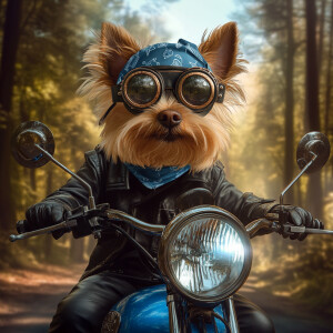 An hyper-realistic image of a yorkie riding a blue metallic moto...