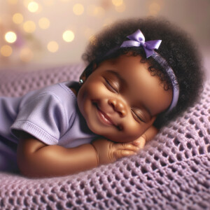 An adorable African American baby with a joyful expression, sleeping soundly and smiling. The baby has curly black hair adorned with a purple bow, and is wearing a snug, short-sleeved purple onesie. The baby rests on a soft, lavender blanket that provides a cozy atmosphere. In the background, there is a gentle bokeh effect with warm, glowing lights, evoking a peaceful and dreamy scene.