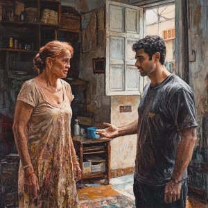 Hyperrealistic painting,A muscular sweaty man talking to his 54...