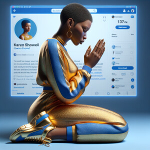 Create a 3D illustration of a realistic light skinned African-American woman on The remote her knees Praying , she has a black pixie cut haircut FACEBOOK social media with a FACEBOOK BACKGROUND . She is wearing a gold and blue jumpsuit and gold and blue Nike gym shoes. The background is a FACEBOOK social media profile with a user name “KAREN SHOWELL ” and profile FACEBOOK Cover