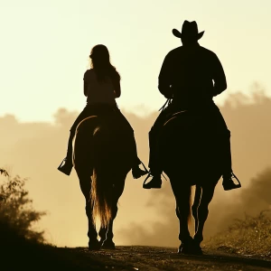 Silhouette of a father and teenage daughter from behind, riding...