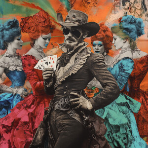 Surreal, vibrant digital artwork featuring a central figure of a...