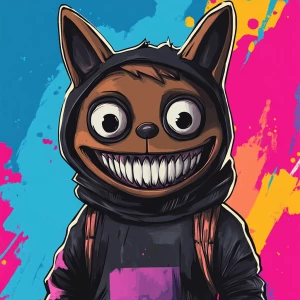 Stylized character portrait of a mischievous designer toy creat...