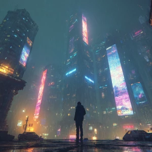 A lone man in a rainy, neon-lit sci-fi cityscape, towering skysc...