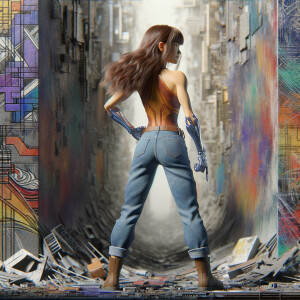 Athletic Thin skinny Attractive, Asian teenage girl, long brown hair and bangs, wearing tight skinny jeans and a halter top paint marks on her clothing, heroic pose Asian graffiti background, backside view