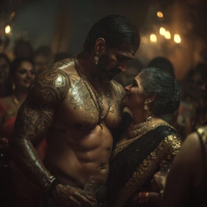 Realism,photo painting.a muscular beefy sweaty tattoed indian ma...