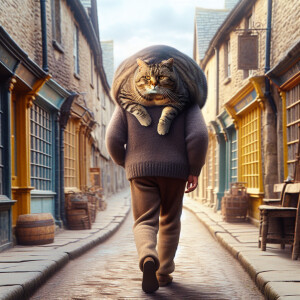 A fat cat lay on his owner’s back, and his fat body covered his...