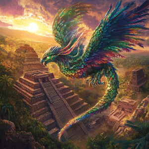 Quetzalcoatl, the Aztec feathered serpent god, depicted as a col...