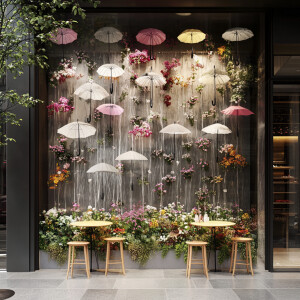 设计一间轻食店，门面北欧打卡风格，门墙有雨伞瀑布花可以打卡拍照