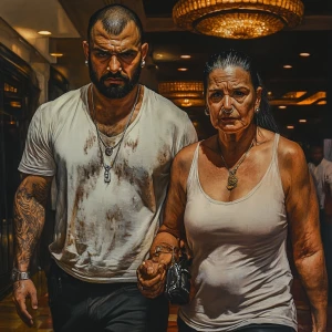 Hyperrealism art.A sweaty beefy muscular son in law criminal wal...