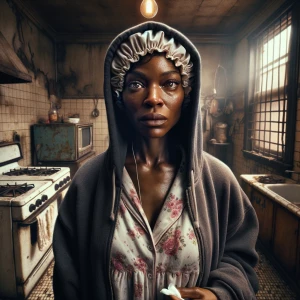 Realistic portrait of a Black woman in her late 30s, bonnet slig...