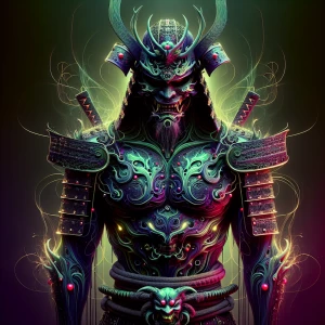 A majestic, full-body samurai warrior clad in ornate, dark fanta...