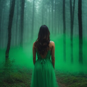Green screen back ground, in forest, fog, 3 Angel, brunette, wan...