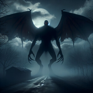 "Amidst a foggy, moonlit forest, Mothman stands ominously on a d...