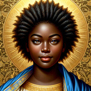 Create a beautiful African-American Jesus Christ with Hazel, brown eyes and blue and gold robe