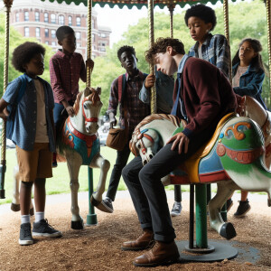 An abandoned children's carousel. A boy is sitting unconscious o...