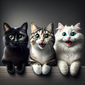 Three mischievous cats sitting on a ledge, all making faces at t...