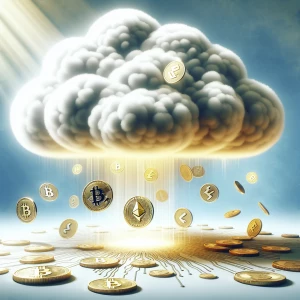 Create an image illustrating a cumulus cloud showering assorted...