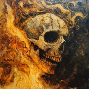 A  skull face emerging from a flame, half alive and half burning...