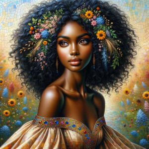 Imagine a painting of an Hawaiian African-American woman with de...
