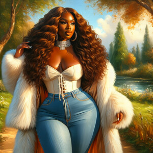 Craft a 4K glossy oil painting portraying a regal, plus-size Afr...