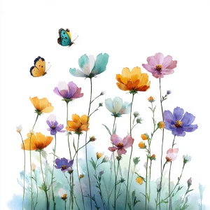 Wildflower field, butterflies flying, in vintage watercolor styl...