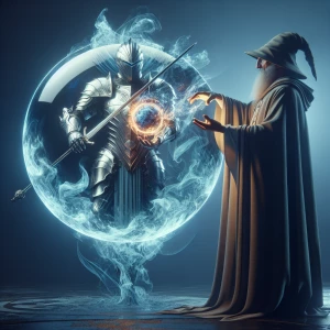 A wizard facing forward holds a crystal ball in his cupped hands...