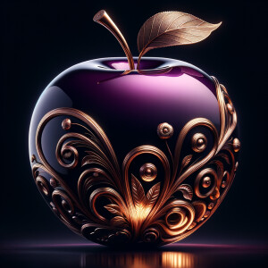 Envision a lustrous, oversized apple with a surface that gleams in a radiant shade of purple, as if lacquered to a high shine, reflecting light from its smooth, curvaceous form. The apple is adorned with elegant gold leaf patterns that swirl luxuriously around its contour, bringing a baroque opulence to its appearance. The stem, a bronzed sculpture in itself, supports a single leaf that seems to glow with an inner luminescence. At the apple’s base, a collection of flowers blooms, their petals softening the scene with organic shapes and colors that harmonize with the vibrant purple and gold. Incorporated into the metallic filigree in an artful script is the name "Karen," as if the apple were personally inscribed, enhancing the custom and bespoke quality of the piece.