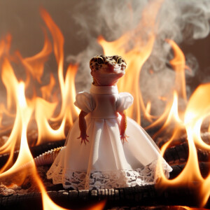 geccon in white dress stay in flame